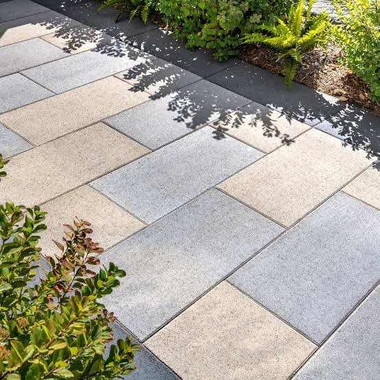 Large-format grey paver walkway